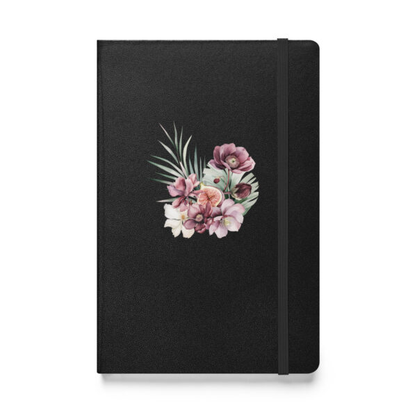 Fig and Floral Hardback Notebook | Black Cover with Elegant Floral Design | 5.5'' x 8.5'' | Writers, Artists, Creators | Elastic Closure | Inner Pocket