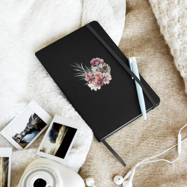 Fig and Floral Hardback Notebook | Black Cover with Elegant Floral Design | 5.5'' x 8.5'' | Writers, Artists, Creators | Elastic Closure | Inner Pocket - Image 2