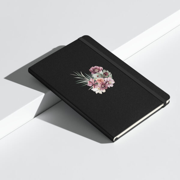 Fig and Floral Hardback Notebook | Black Cover with Elegant Floral Design | 5.5'' x 8.5'' | Writers, Artists, Creators | Elastic Closure | Inner Pocket - Image 3