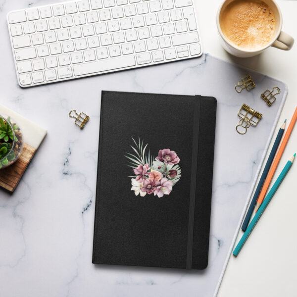 Fig and Floral Hardback Notebook | Black Cover with Elegant Floral Design | 5.5'' x 8.5'' | Writers, Artists, Creators | Elastic Closure | Inner Pocket - Image 4